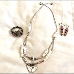 Jewelry Set 925 Silver MOP Butterfly Bird Necklace Rhodochrosite Earrings Brooch